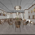 Cozy Restaurant Interior With Wooden Tables Chairs Lantern Pendant Lights And Wall Decorations