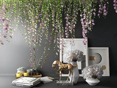 Elegant Decorative Ornament Set with Hanging Wisteria Vines Golden Horse Figurine White Vases and Artworks 3d model