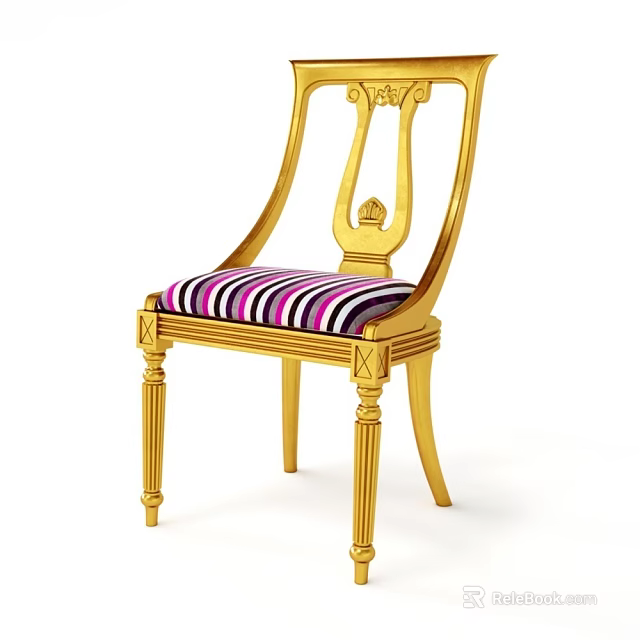 Elegant Golden Single Chair With Carved Backrest And Striped Seat Cushion 3d model 