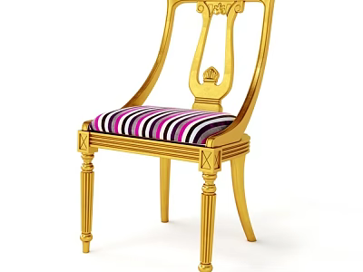Elegant Golden Single Chair With Carved Backrest And Striped Seat Cushion 3d model