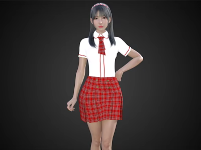 Woman In White Short Sleeve Top Red Necktie Red Plaid Skirt With Double Ponytail Posing 3d model
