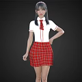Woman In White Short Sleeve Top Red Necktie Red Plaid Skirt With Double Ponytail Posing