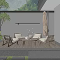 Cozy Wooden Outdoor Chairs On Patio With Green Plants And Umbrella