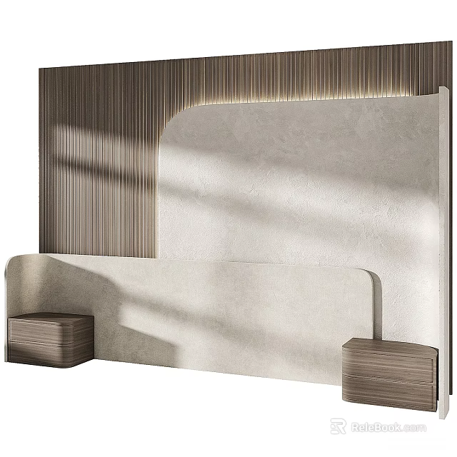 Modern Bed Background Wall Design With Wooden Stripes Stone Panel And Soft Lighting 3d model