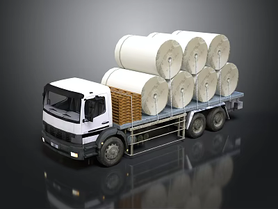 White Flatbed Truck Carrying Multiple Large Paper Rolls On Cargo Bed 3d model