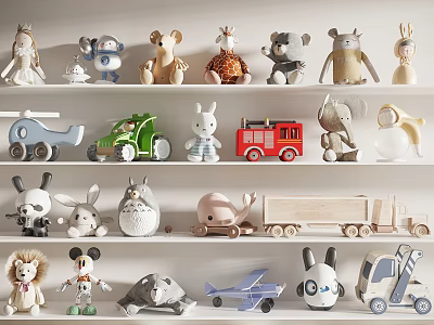 Colorful Plush Toys Displayed On White Shelves 3d model
