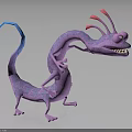 Purple Fantasy Creature Standing With Long Body Pink Antennae Blue Tail Open Mouth And Legs