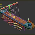 Ancient Wooden Sailing Ship With Blue Hull Orange Bow And Stern And Oars