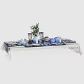 Elegant Dinnerware Set on White Lace Tablecloth with Blue Ceramic Plates and Candle Holders