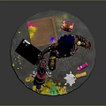 Game Movie Character With Curly Hair Colorful Outfit Pink Spray Gun Painted Base