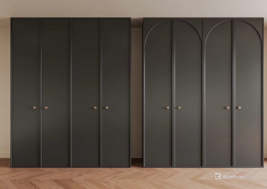 Black Wardrobes Modern Minimalist Interior Design With Straight And Arched Panel Doors Brass Handles 3d model 