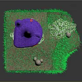 Colorful Decorative Tower Model With Purple Spire Red Body Green Vines And Grass Base