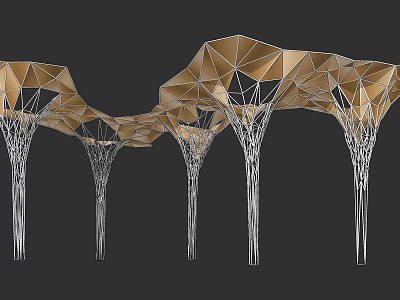 Modern Geometric Pergola Featuring Golden Canopy And Metal Support Structures 3d model