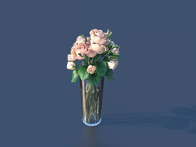 Elegant Glass Vase With Pink Roses And Fresh Green Leaves for Home Decor 3d model