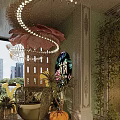 Elegant Interior Design With Pink Flower Chandelier Green Plants And Golden Decorations