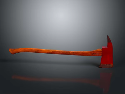Axe With Wooden Handle And Red Blade On Reflective Surface 3d model