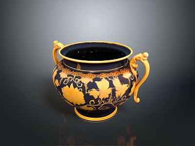 Intricately Sculpted Black Urn With Yellow Leaf Carvings And Decorative Handles 3d model