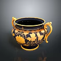 Intricately Sculpted Black Urn With Yellow Leaf Carvings And Decorative Handles
