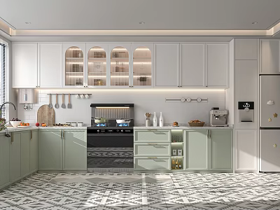 Modern Open Concept Kitchen Interior With Island Counter Light Cabinets And Appliances 3d model