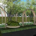 Garden Ornamental Features With Wooden Arches Trimmed Shrubs Stone Path And Ambient Lighting