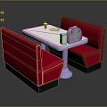 Retro Dining Table With Red Upholstered Benches White Top And Silver Metal Legs