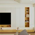 Modern TV Cabinet Design With White Wall Wooden Top Embedded TV And Storage Shelves