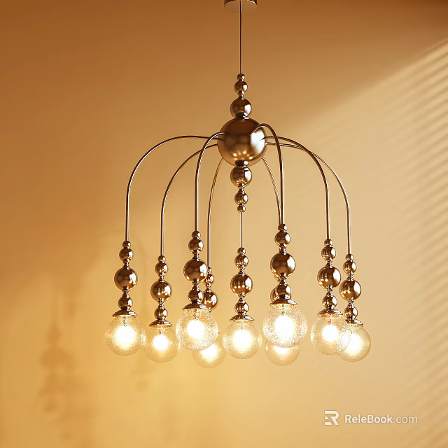Golden Metal Chandelier With Curved Arms Spherical Decorations And Transparent Bulbs 3d model 