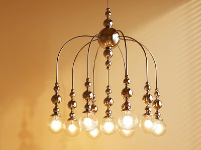 Golden Metal Chandelier With Curved Arms Spherical Decorations And Transparent Bulbs 3d model