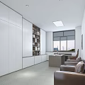 Modern Office Lobby Interior Featuring Beige Walls White Square Ceiling Gray Sofas Green Plants Bookshelf