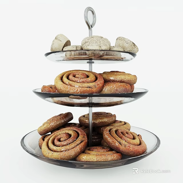Freshly Baked Cinnamon Rolls on Three Tiered Glass Stand with Mini Pastry Buns 3d model 