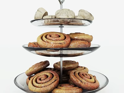 Freshly Baked Cinnamon Rolls on Three Tiered Glass Stand with Mini Pastry Buns 3d model