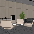 Modern Office Reception Area With Sofa Chairs Plants Wooden Wall And TV Screen