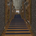 Luxurious Club Grand Staircase With Carved Walls Hanging Chandeliers And Blue Steps