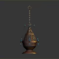 Ornamental Metal Home Decor Piece With Carved Design Blue Beads Hanging Chains And Circular Base