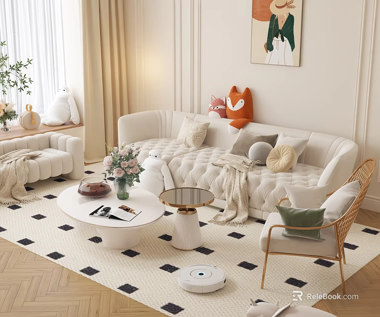 Modern White Sofa and Coffee Table Set With Pillows Artwork Rug and Wicker Chair 3d model 