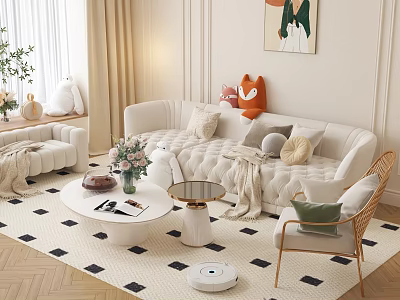 Modern White Sofa and Coffee Table Set With Pillows Artwork Rug and Wicker Chair 3d model