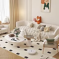 Modern White Sofa and Coffee Table Set With Pillows Artwork Rug and Wicker Chair