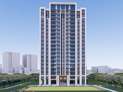 Modern High Rise Building Exterior With Surrounding Greenery And City Background 3d model