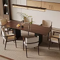 Modern Rectangular Wooden Dining Table Set With Beige Chairs And Pendant Light 3d model