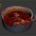 Delicious Warm Red Soup in Blue Ceramic Pot with Tofu Chestnuts and Mushrooms