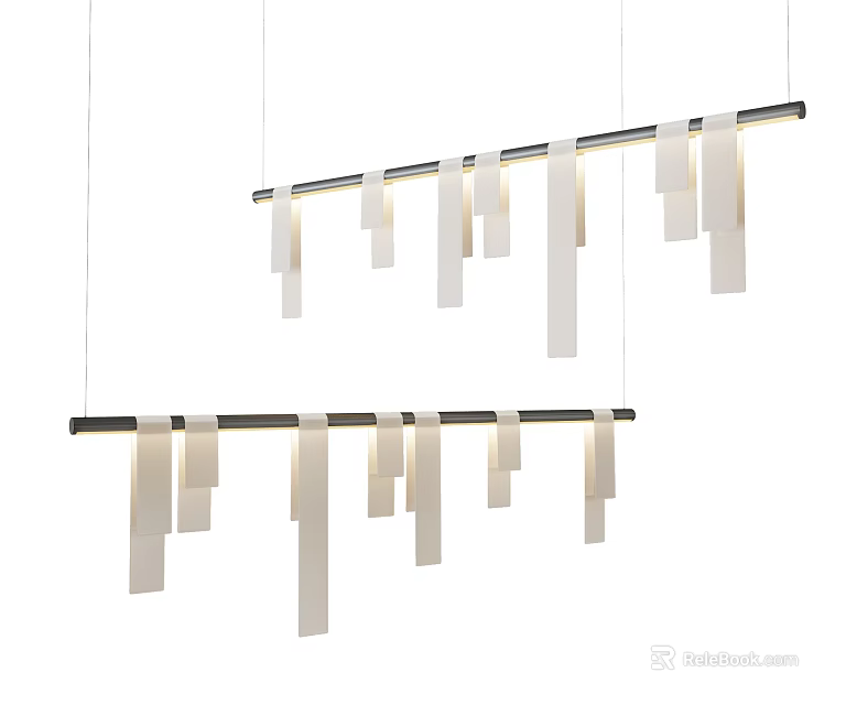 Modern Minimalist Linear Pendant Light With Hanging White Panels And Black Frame Design 3d model 