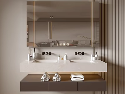 Modern Bathroom Vanity Cabinet With Double Sink Mirror Storage Drawers And Folded Towels 3d model