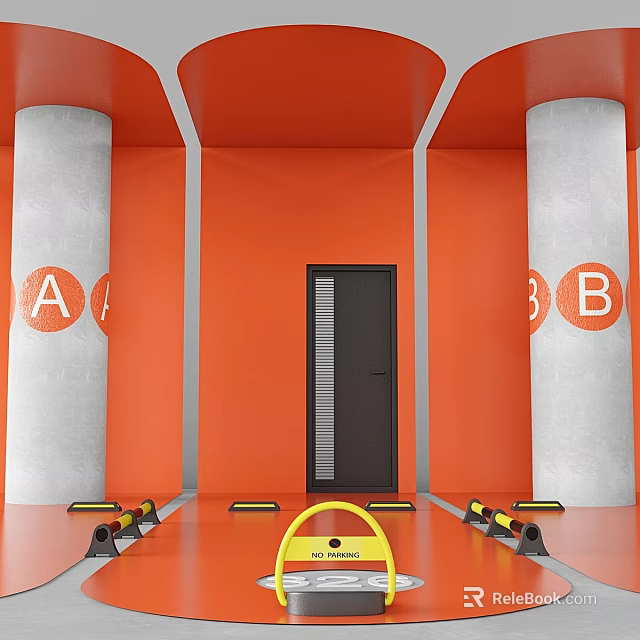 Orange Walled Space Ground With Gray Pillars Letters A B Black Door And Yellow Obstacles 3d model 