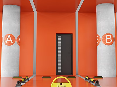 Orange Walled Space Ground With Gray Pillars Letters A B Black Door And Yellow Obstacles 3d model