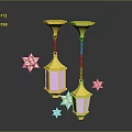 Golden Hanging Lanterns as Commercial Business Equipment with Purple Shades and Star Decorations