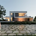 Modern Detached Villa Exterior Design With Concrete Facade Glass Windows And Green Lawn