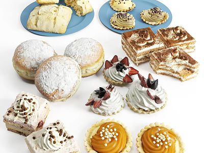 Assorted Delicious Desserts Including Powdered Donuts Cream Cakes Tarts And Tiramisu 3d model