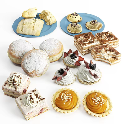 Assorted Delicious Desserts Including Powdered Donuts Cream Cakes Tarts And Tiramisu 3d model
