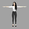 Woman in white shirt black skinny pants with long black hair arms outstretched gray background