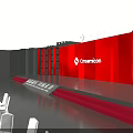 Event Venue Layout With Red Backdrop And Arranged White Seating Areas 3d model